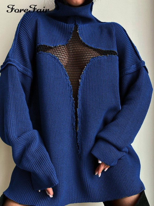 Women's Sexy Mesh Vacation Loose Knitted Pullover Sweaters - Dark Blue / L