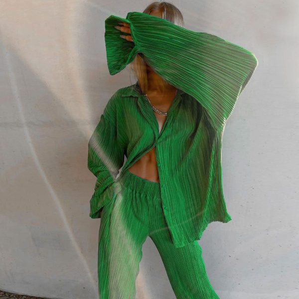 Athflow Shirred Long Sleeve Blouse Wide Leg Pant Matching Set - Green - M / Green