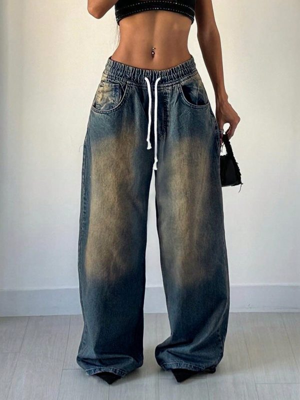 Women Baggy Drawstring Wide Leg Jeans