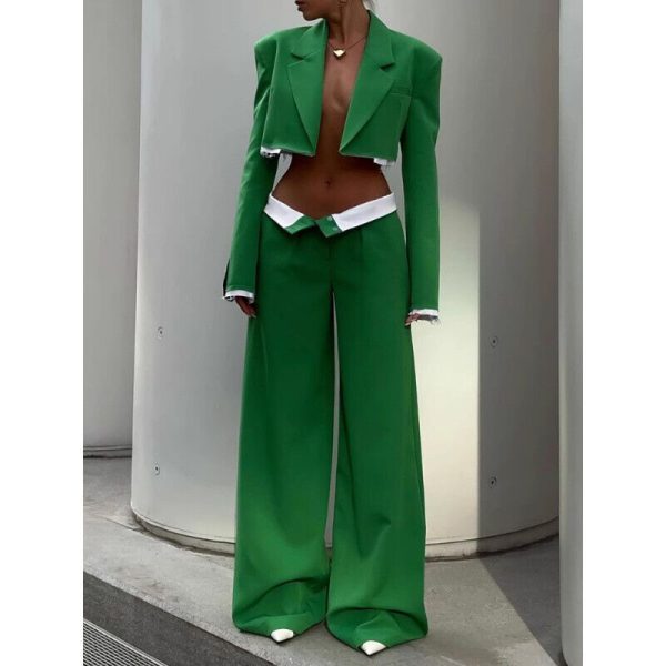Spring Women Grace Solid Color Suit Longsleeve Short Jacket Loose Wide Leg Pants