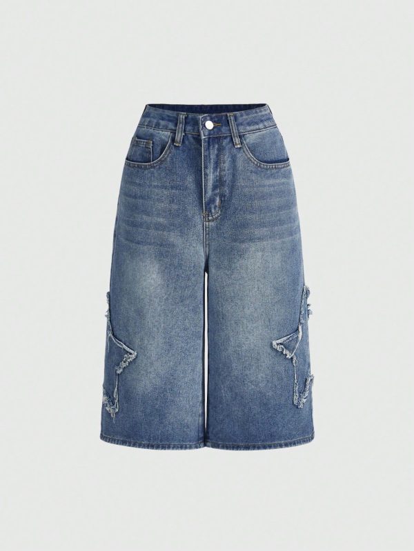 Women's Vintage Street Style Loose Fit Denim Capri Pants With Neutral Five-Pointed Star Appliques, School