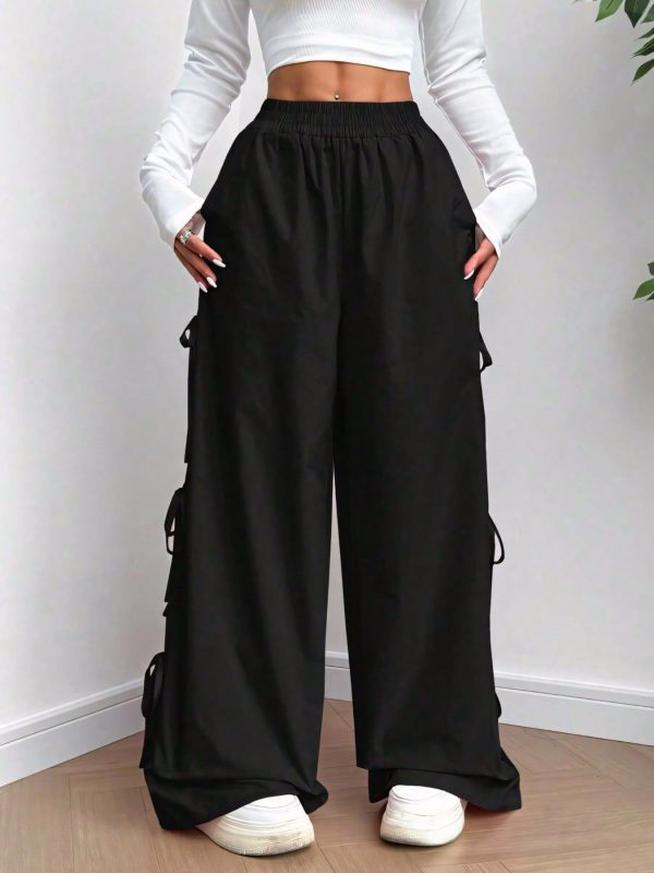 Women's Side Stitched Bow Oversize High Waist Straight Leg Casual Pants