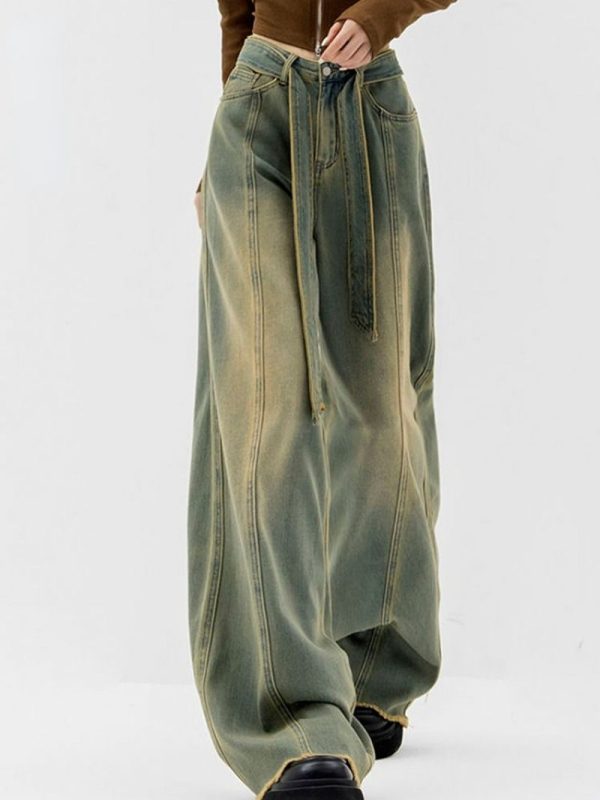 2023 Women Vintage Streetwear Jean Straight Parachute Pants Denim Trousers