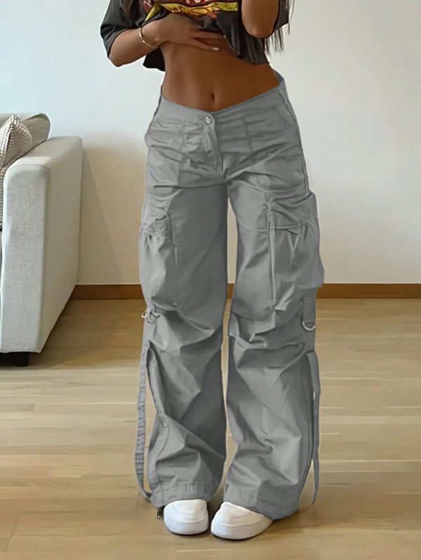 Y2K Street Flap Pocket Tape Detail Loose Casual Wear Wide Leg Parachute Cargo Pants