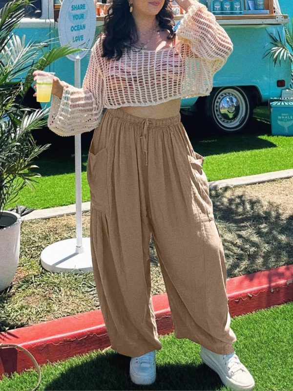 Full Size Drawstring Pants with Pockets Plus Size - Camel / XL