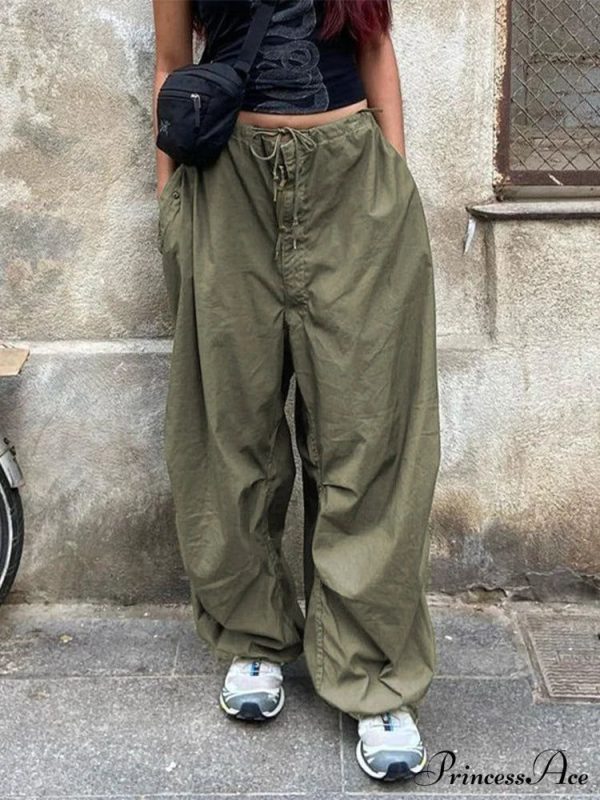 Drawstring Baggy Y2K Cargo Pants - Green 1 S