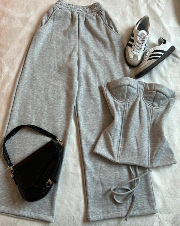 Y2K Light Gray Pants Suit Womens Harajuku Sexy Slim Tube Tops Goth High Waisted Sweatpants Hot Girl