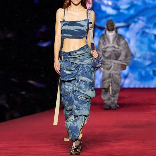 Zingj Zingj Style Jeans Two-Piece Female Spring / Summer 2024 New Personality Condole Top Multi-Pocket Cargo Pants Blue-M