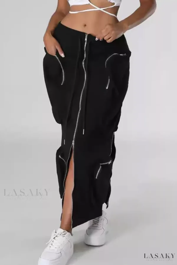 Lasaky - Mid-Waist Straight Patchwork Bottoms with Drawstring Pockets and Zipper Closure - Black, L