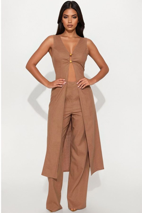 Women's Summer Vacation Linen Pant Set in Mocha Size Small