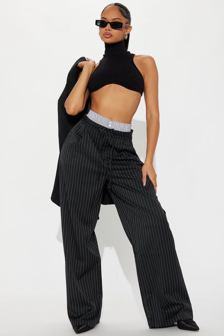 Nathalie Double Waistband Pinstripe Trouser - Black/combo | Fashion Nova