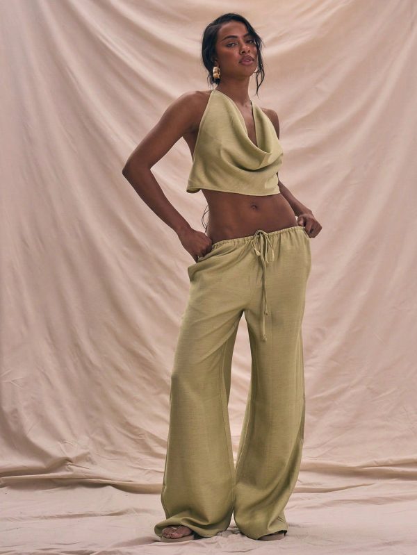 Drawstring Waist Wide Leg Linen Trousers Only Summer Vacation Holiday Cute Elegant
