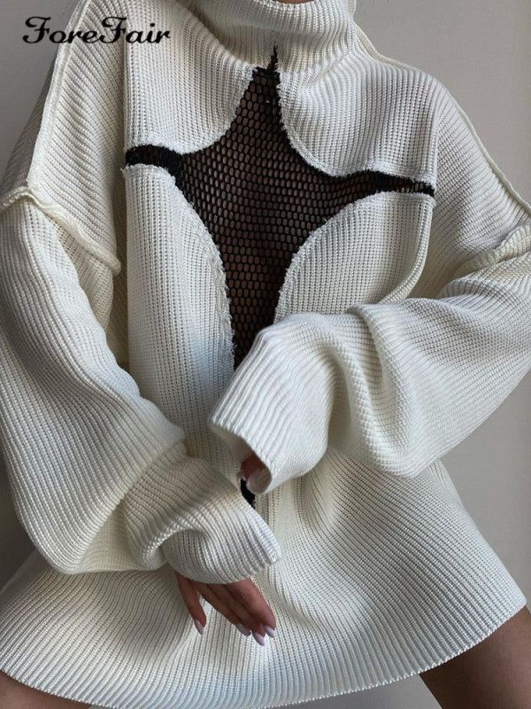 Women's Sexy Mesh Vacation Loose Knitted Pullover Sweaters - White / L