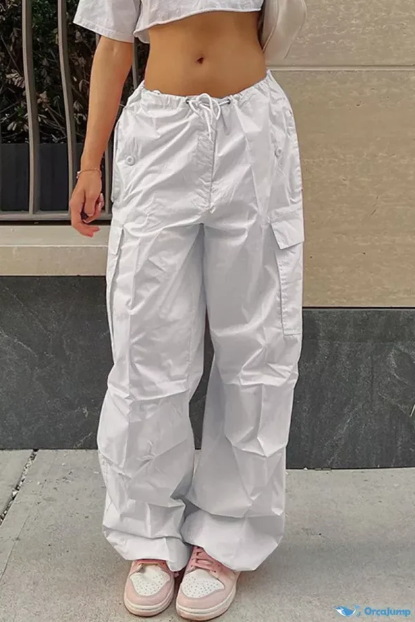 OrcaJump - White Harlan Mid-Waist Drawstring Patchwork Street Pants in Solid Color