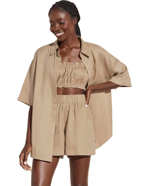 Womens eberjey linen solid three piece set bralette shirt shorts + FREE SHIPPING