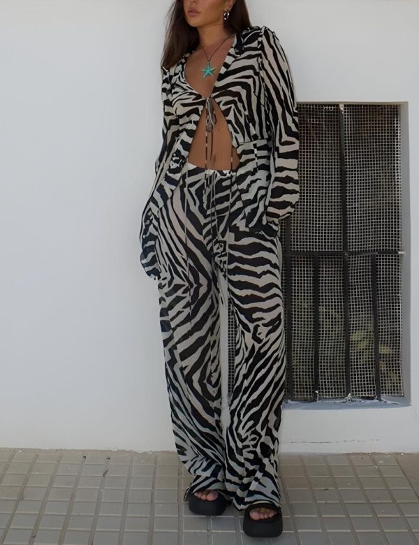 Zingj Tie Up Blouse & Pants Two Piece Set Black-L