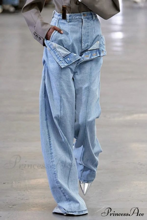 Regular Solid Patchwork Denim Jeans - Blue / S