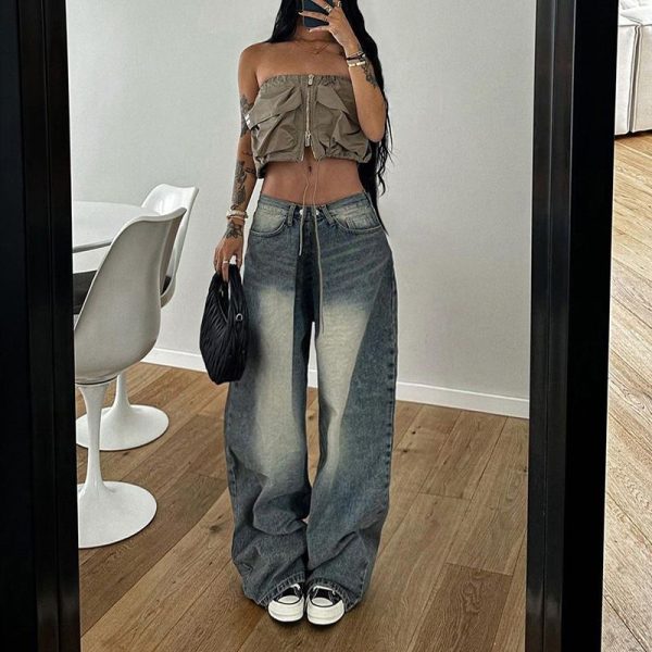 Zingj Zingj Wash Water Waist Pleated Foundation Casual Jeans Street New Loose Show Thin All Go With Wide Leg Trousers Blue-L