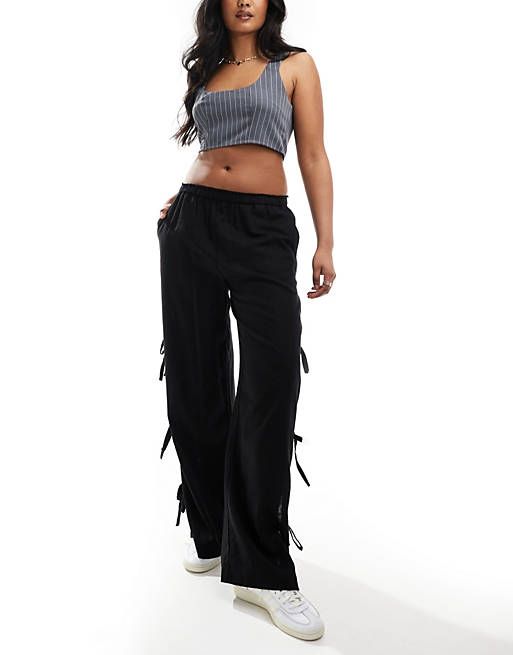 ASOS DESIGN pull on linen mix pants with tie side in black | ASOS