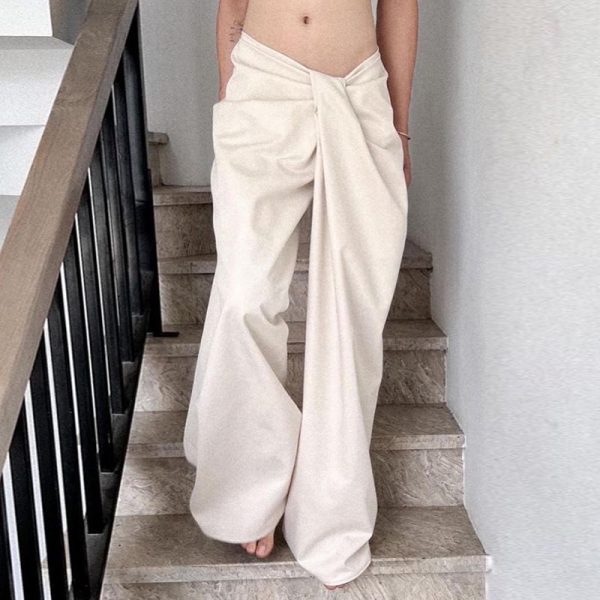 Zingj Zingj Style Personality Irregular Kink Waist Head Casual Pants Female Low Waist Solid Color Loose Wide Legs White-M