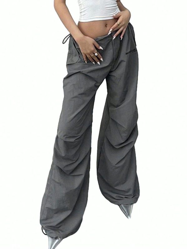 Women's Baggy Cargo Pants Drawstring Low Waist Letter Embroidery Parachute Pants Ruched Long Trousers
