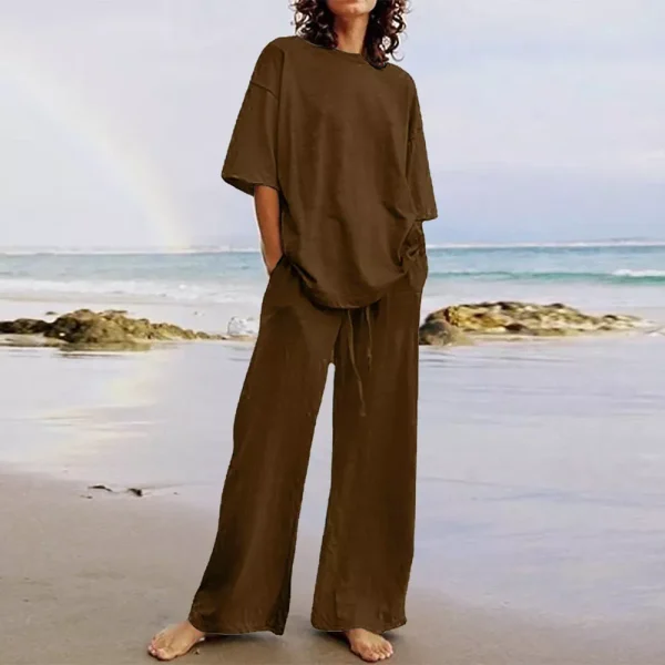 Lasaky - Cotton Linen Home Wear Pure Color Two-Piece Set with Round Neck Short Sleeve Top and Drawstring Wide Leg Pants - Coffee Color, M