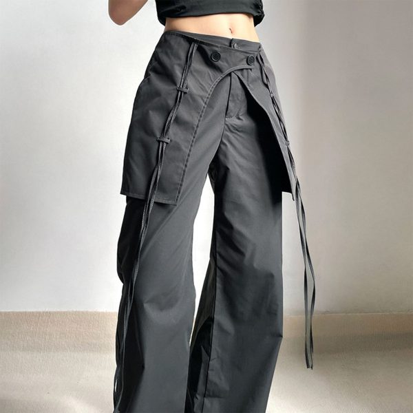 Y2K Long Pants Mid Waist Women Loose Cargo Pant Comfortable Black Solid Color Vintage Relaxed Fit