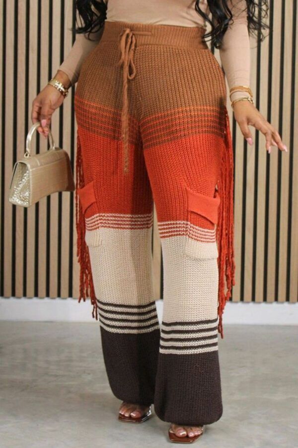 Casual Patchwork Tassel Contrast Regular High Waist Conventional Patchwork Trousers
