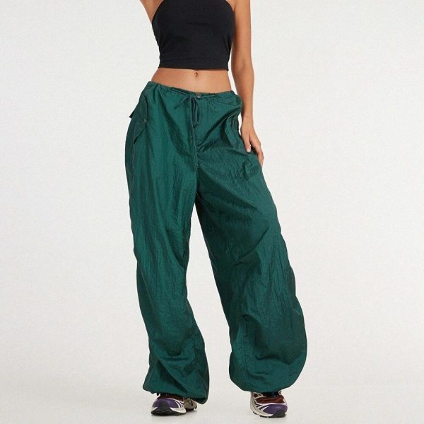 Zingj Womens Long Pants Adult Harem Low Waist Casual Solid Color Loose Fit Drawstring Waistband Female Sporty Trousers Dark Green-M