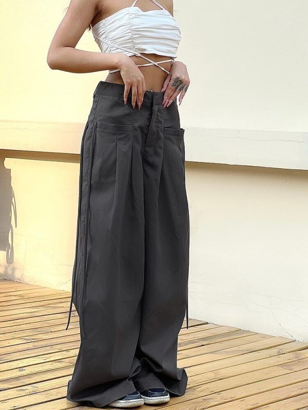 Casual Wide Leg Pants Women High Waist Street Basic Loose Sweat Trousers Gray