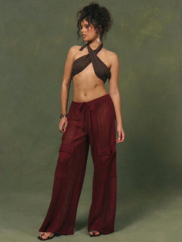 Low Rise Drawstring Waist Pocket Detail Textured Wide Leg Cargo Trousers Beach Summer Vacation Boho Ibiza Cover Up