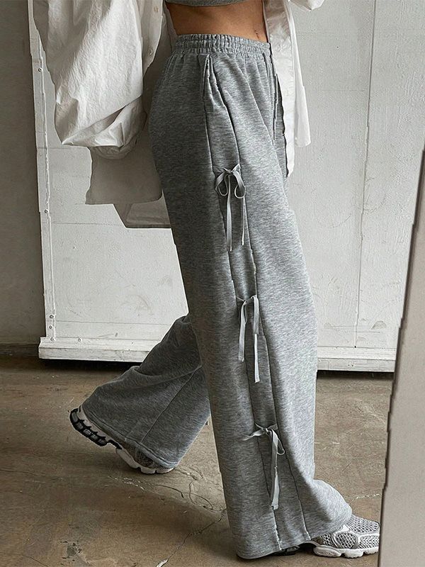 Drawstring Elasticity Solid Color Split-Joint High Waisted Loose Trousers Pants GRAY-S