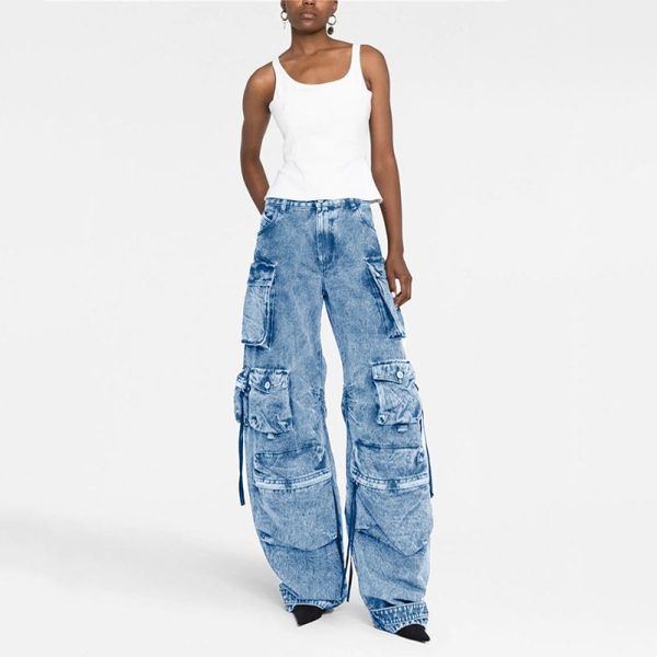 Zingj Zingj Spring And Autumn New Fashion Smoke Gray Splicing Multi-Pocket Cargo Pants Street Water To Make Old Long Wide-Leg Pants Blue-XL