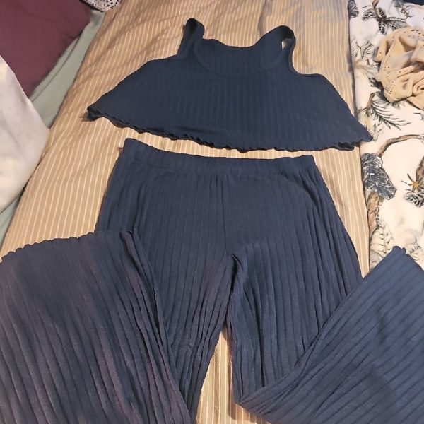 Adore Me Pants & Jumpsuits | Blue Ribbed Jumpsuit With Flowy Wide-Leg Design | Color: Blue | Size: M