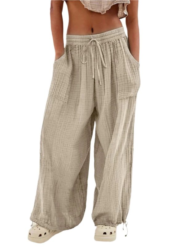 Textured Tied Pants with Pockets - Khaki / XL