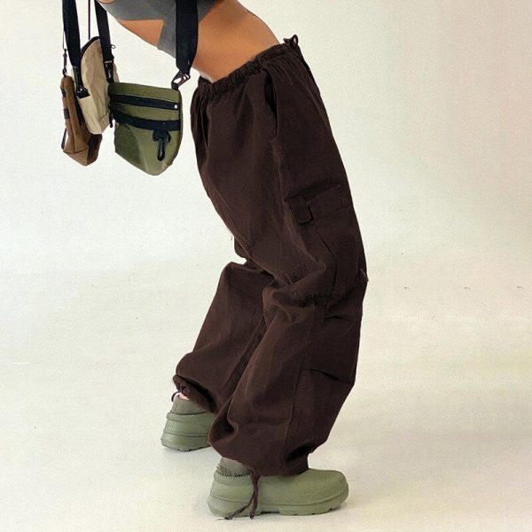 Zingj 2022 Y2K Drawstring Baggy Cargo Pants Women High Waist Sweatpant Trousers Vintage Street Loose Wide Leg Joggers Pant Auburn-L