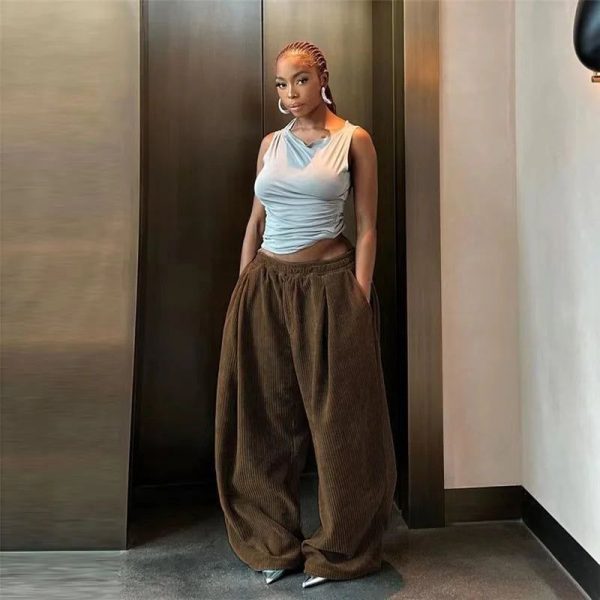 Autumn Winter Y2K Casual Wide-Leg Pants Women Loose Simple Basic Pocket High Waist Trouser Corduroy Streetwear Long Bottoms - coffee  CK63 / L