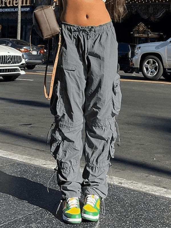 Zingj Pocket Patched Drawstring Cargo Pants- Outfit Ideas Gray-M
