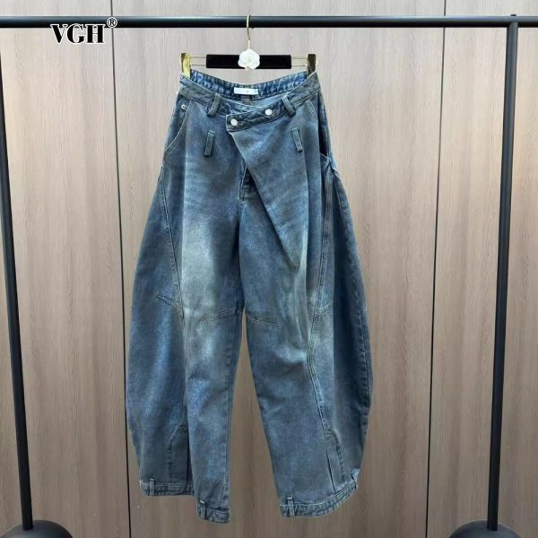 VGH Vintage Distressed Baggy Trousers for Women High Waist Patchwork Folds American Streetwear Denim
