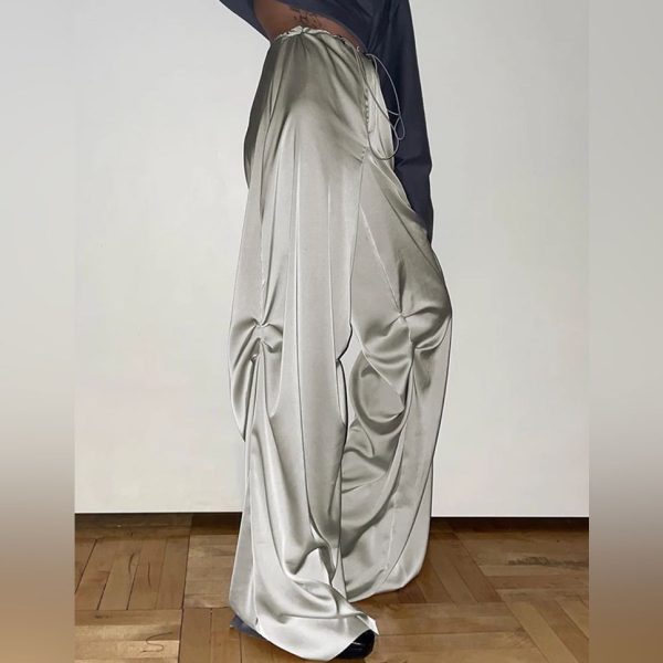Lena Vie Boutique Pants & Jumpsuits | Heather Grey Silver Wide Satin Pant With Adjustable Cinch Ties | Color: Gray | Size: Various