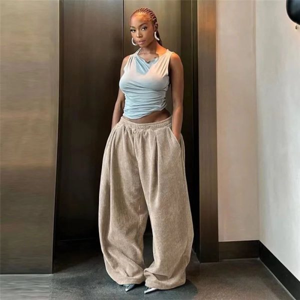 Autumn Winter Y2K Casual Wide-Leg Pants Women Loose Simple Basic Pocket High Waist Trouser Corduroy Streetwear Long Bottoms - Khaki  CK63 / L