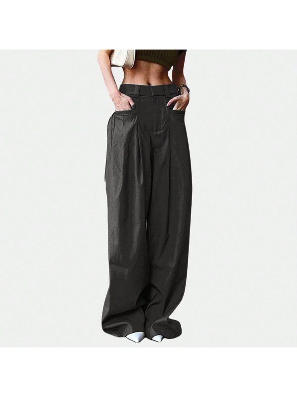 Womens Y2K High Waisted Wide Leg Cargo Pants Solid Color Loose Fit Straight Baggy Pants With Pocket Business Casual Work Trousers Streetwear