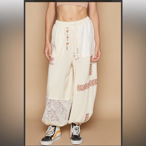 Pol Pants & Jumpsuits | Pol Double Gauze Lace Embroidery Jogger Pants | Color: Brown/Cream | Size: L