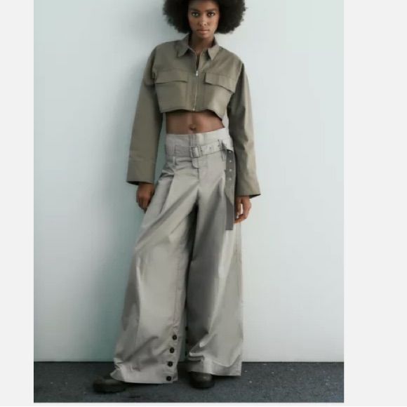 Zara Pants & Jumpsuits | Zara Belted Full Length Wide Pants | Color: Gray/Green | Size: Various