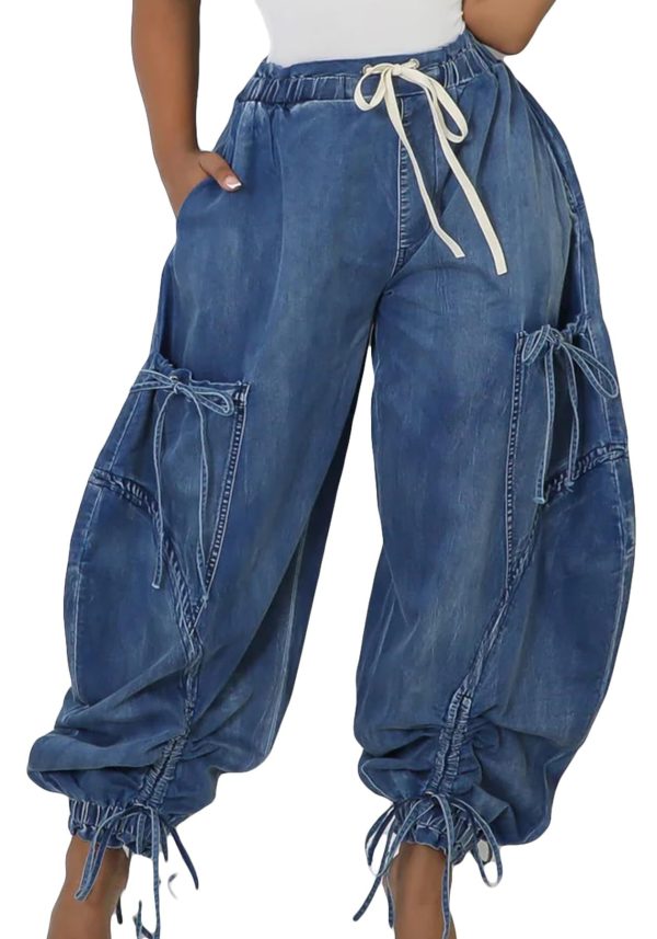 Symina Women's Baggy Jeans Wide Leg Denim Pants Drawstring Bow Tie Joggers Trousers with Pockets Sweatpants