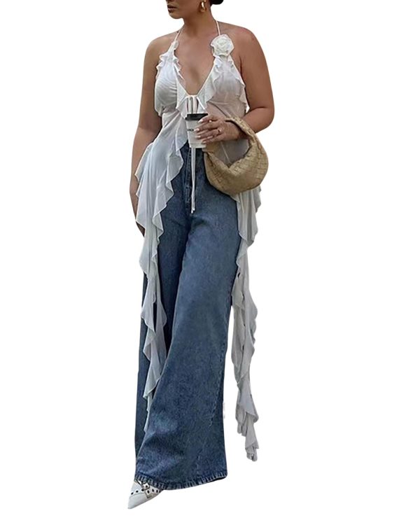 BAIMORE Women's Sexy Low Cut Tie Backless Sheer Mesh 3D Floral Tassels Ruffle Halter Top