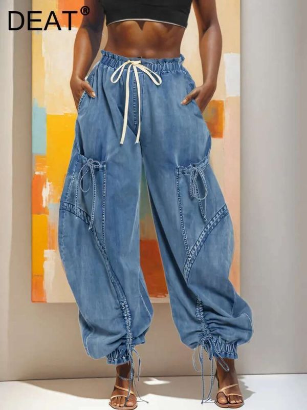 DEAT Fashion Women's High Elastic Waist Jeans Drawstring Bandage Design Loose Straight Wide Leg