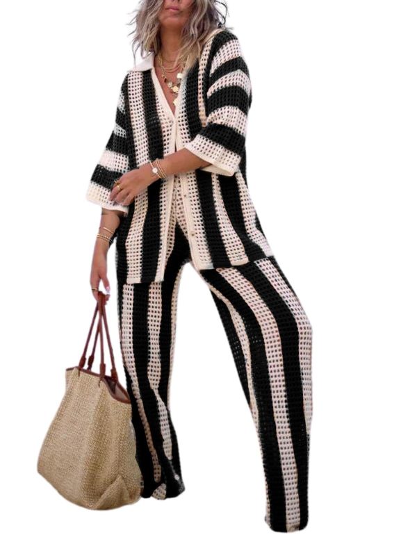 NIFTRIRY Women Cover Up Sets Button Up Tops with Pants Crochet Set Outfit 2 Piece Outfits Vacation Outfits