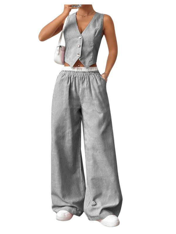 Milumia Women's 2 Pcs Outfits Striped V Neck Button Blazer Vest Pants Tracksuit
