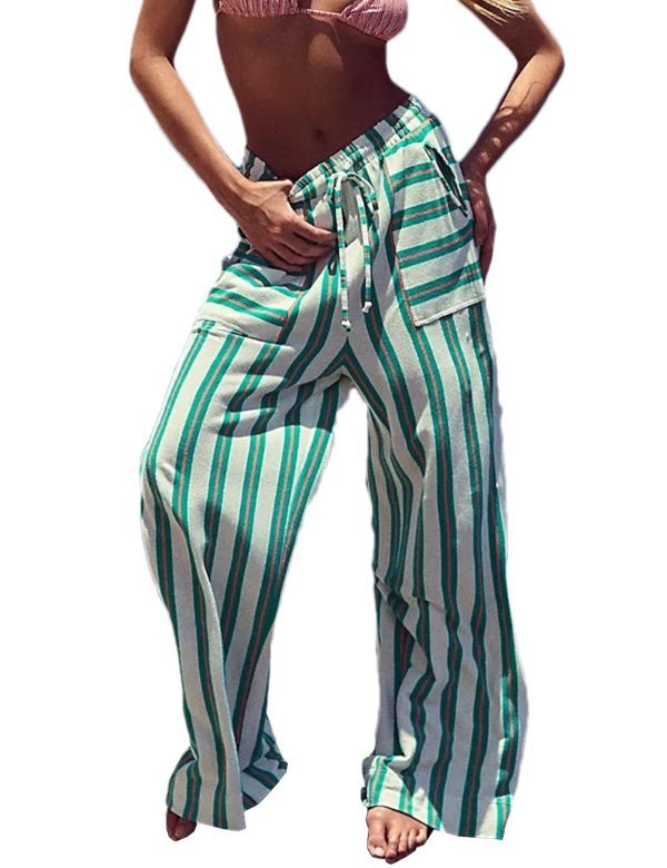 Megfie Women Drawstring Waist Stripe Wide Leg Pants Palazzo Pants for Women Casual Trousers Lounge Pants with Pockets